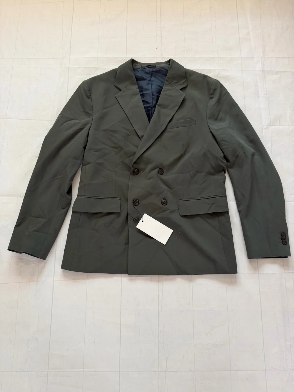 Zara Double-Breasted Olive Blazer Suit Size 40
